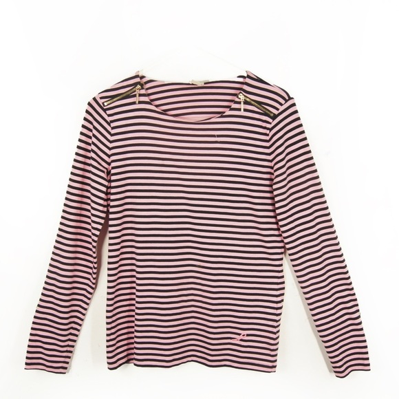 Anne Klein Baby Pink Black Stripe Gold Zipper Shoulder Long Sleeve Top - Picture 1 of 2